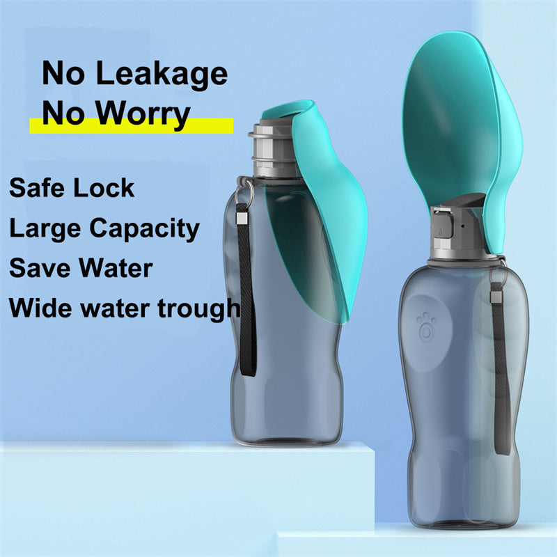Foldable dog water bottle with fold-out bowl, grey body with teal top and wide trough