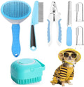 Blue self-cleaning pet grooming brush with ergonomic handle