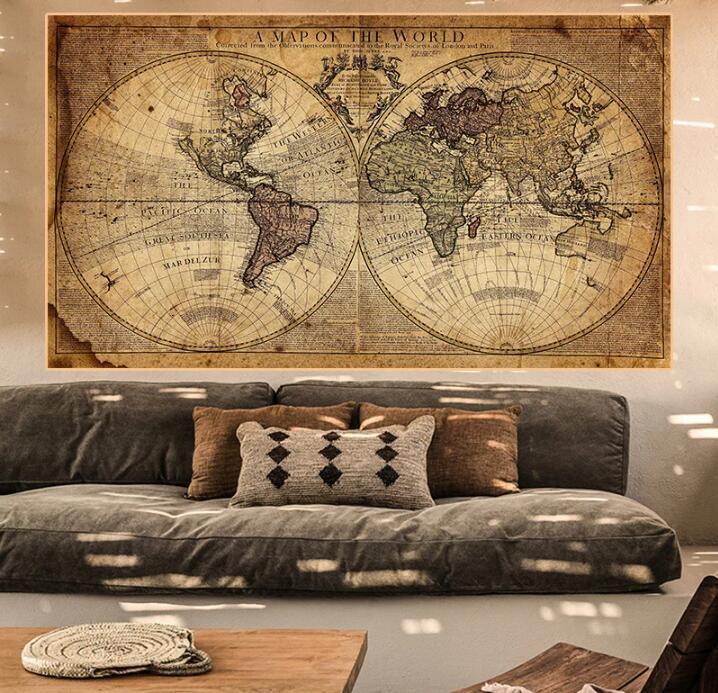 Framed world map canvas poster over sofa, vintage sepia world map illustration