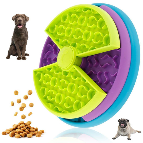 Rotating slow feeder puzzle bowl with green and purple tiers and central hub
