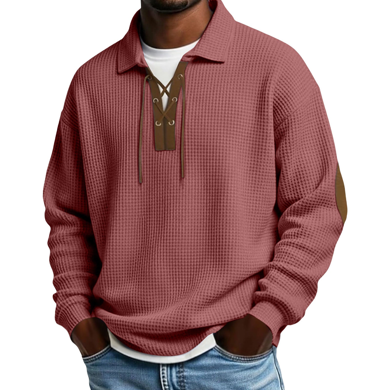 Men's oversized knit sweatshirt, dark red collared hood with drawstrings