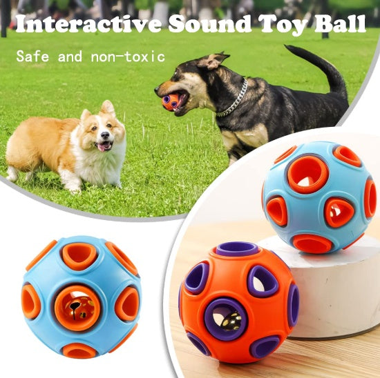 Blue and orange rubber bell toy balls featuring circular paw openings and bell core