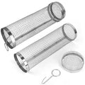 Stainless steel round grill basket set with wire mesh cylinders, round tray, and hook