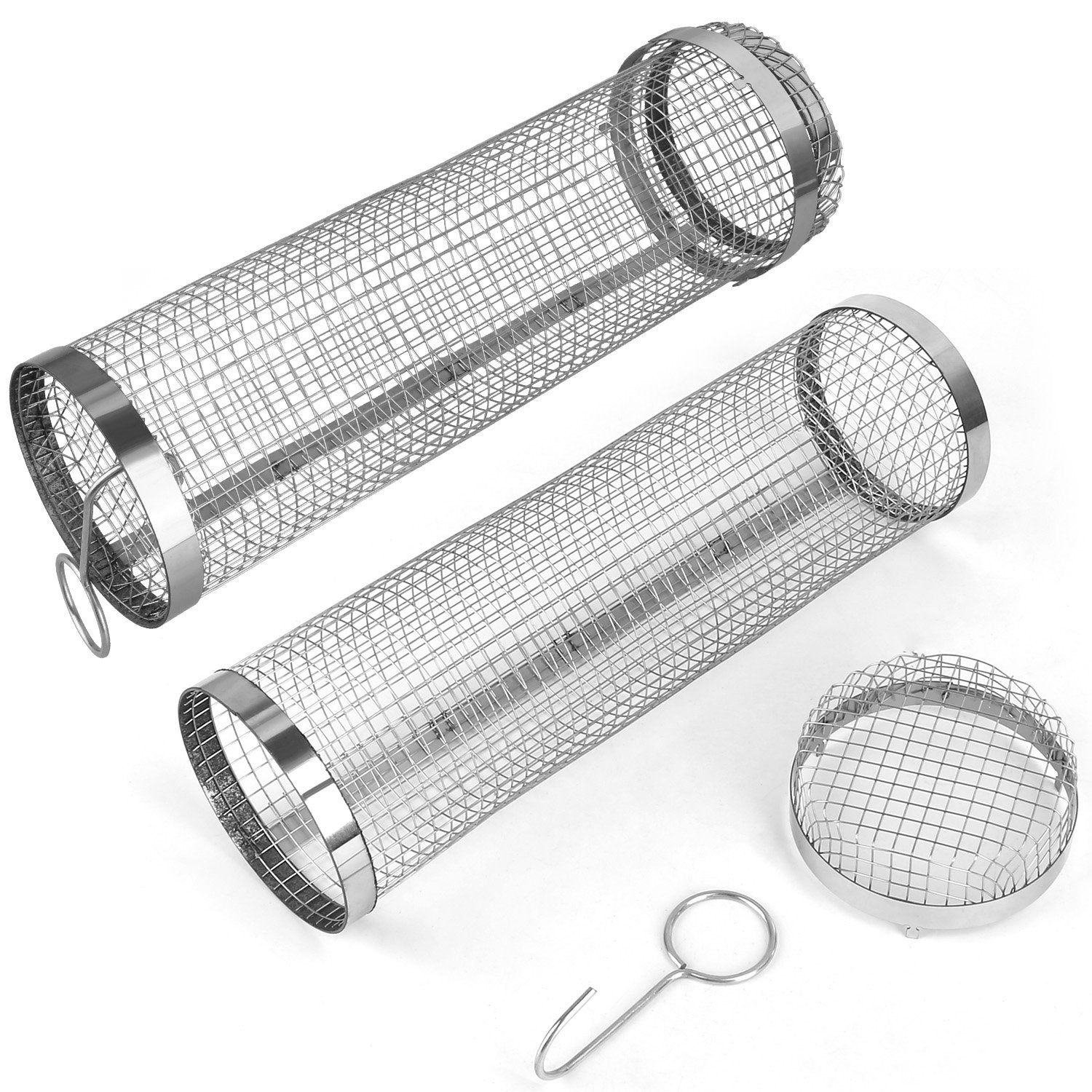 Stainless steel round grill basket set with wire mesh cylinders, round tray, and hook