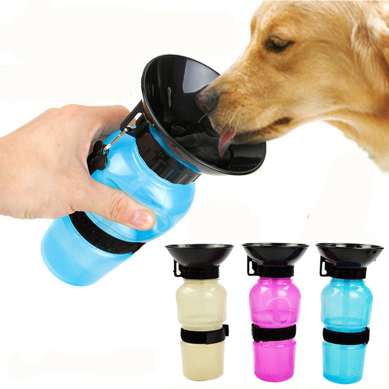 Blue portable pet water bottle with attached black bowl and carry strap.