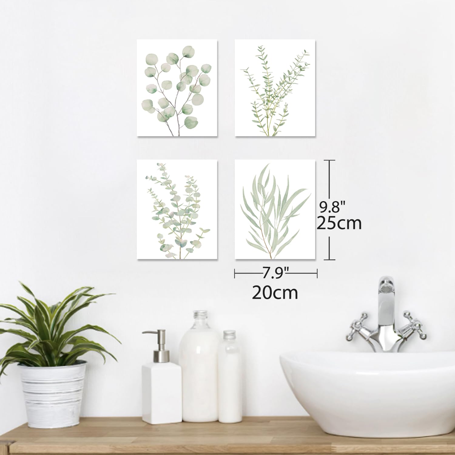 Four framed botanical leaf canvas prints on a wall with leaf illustrations