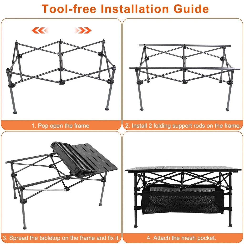 Folding camping table frame with roll-up aluminum tabletop and attached mesh pocket