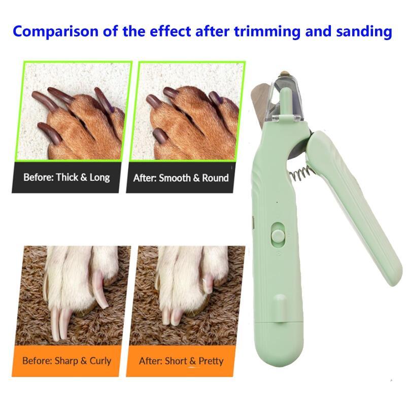 Green 2-in-1 pet nail clipper and grinder with curved handle and transparent sanding head