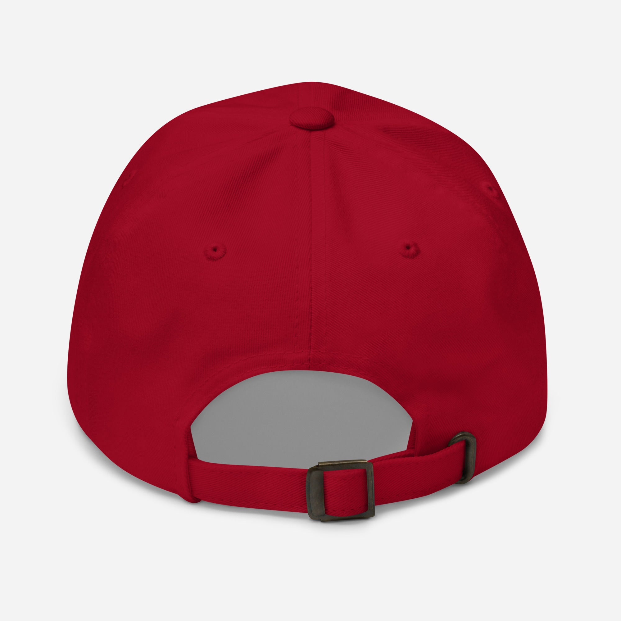 Red dad hat back view with curved brim and adjustable fabric strap