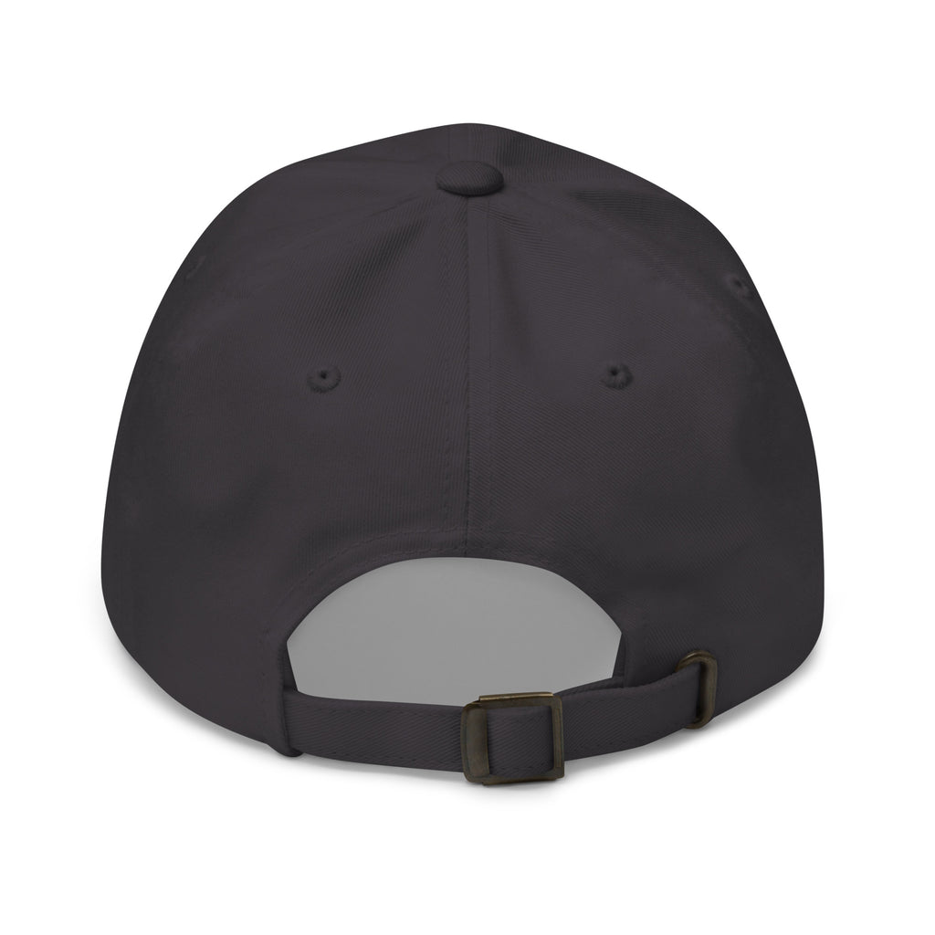 Dark dad hat with curved brim and adjustable back strap