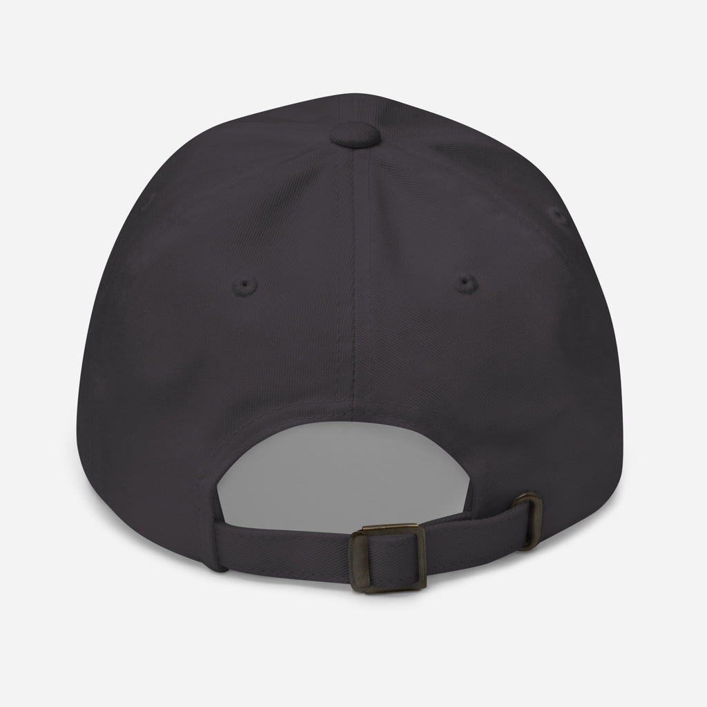 Dark grey dad hat with adjustable strap and curved brim