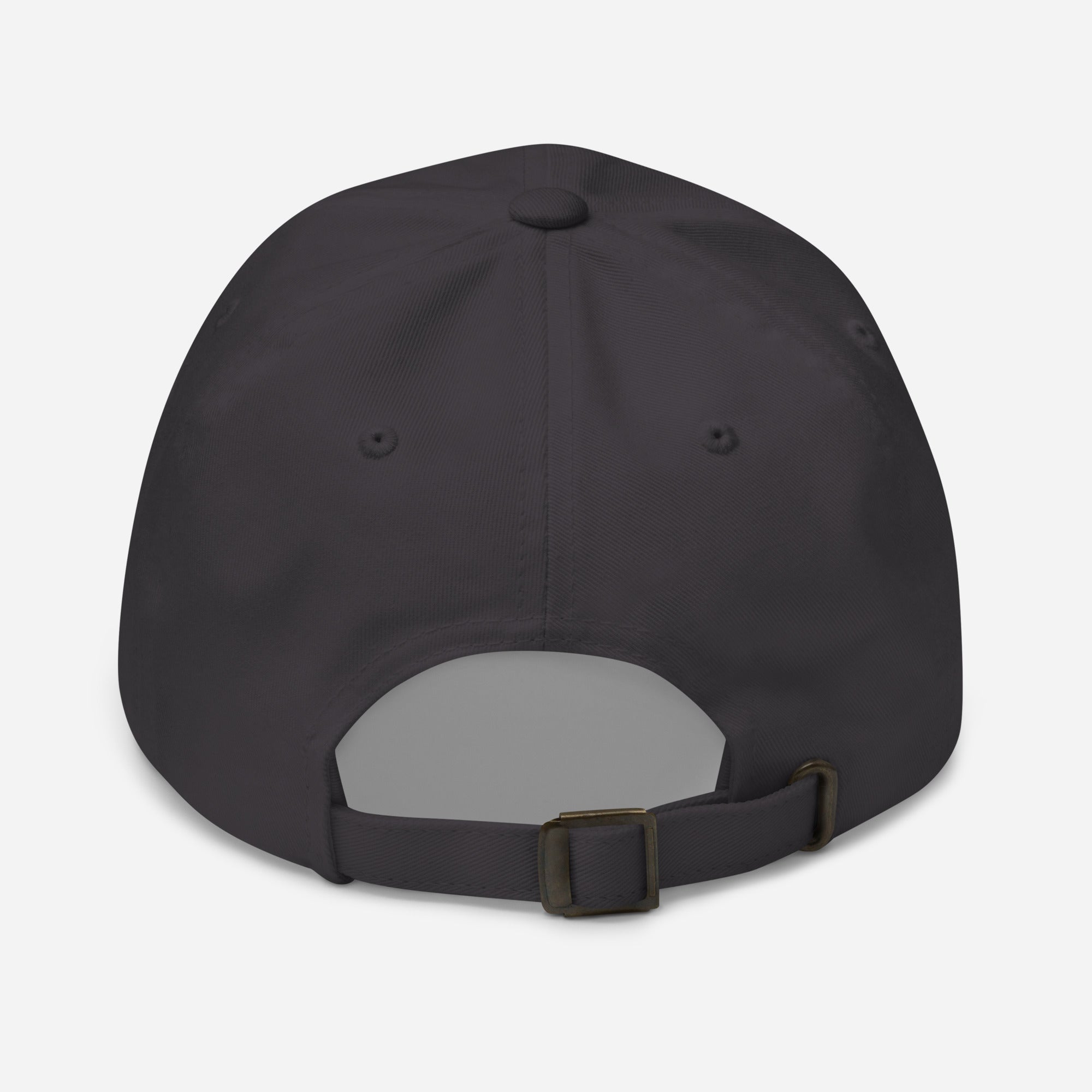 Dark grey dad hat with adjustable strap and curved brim