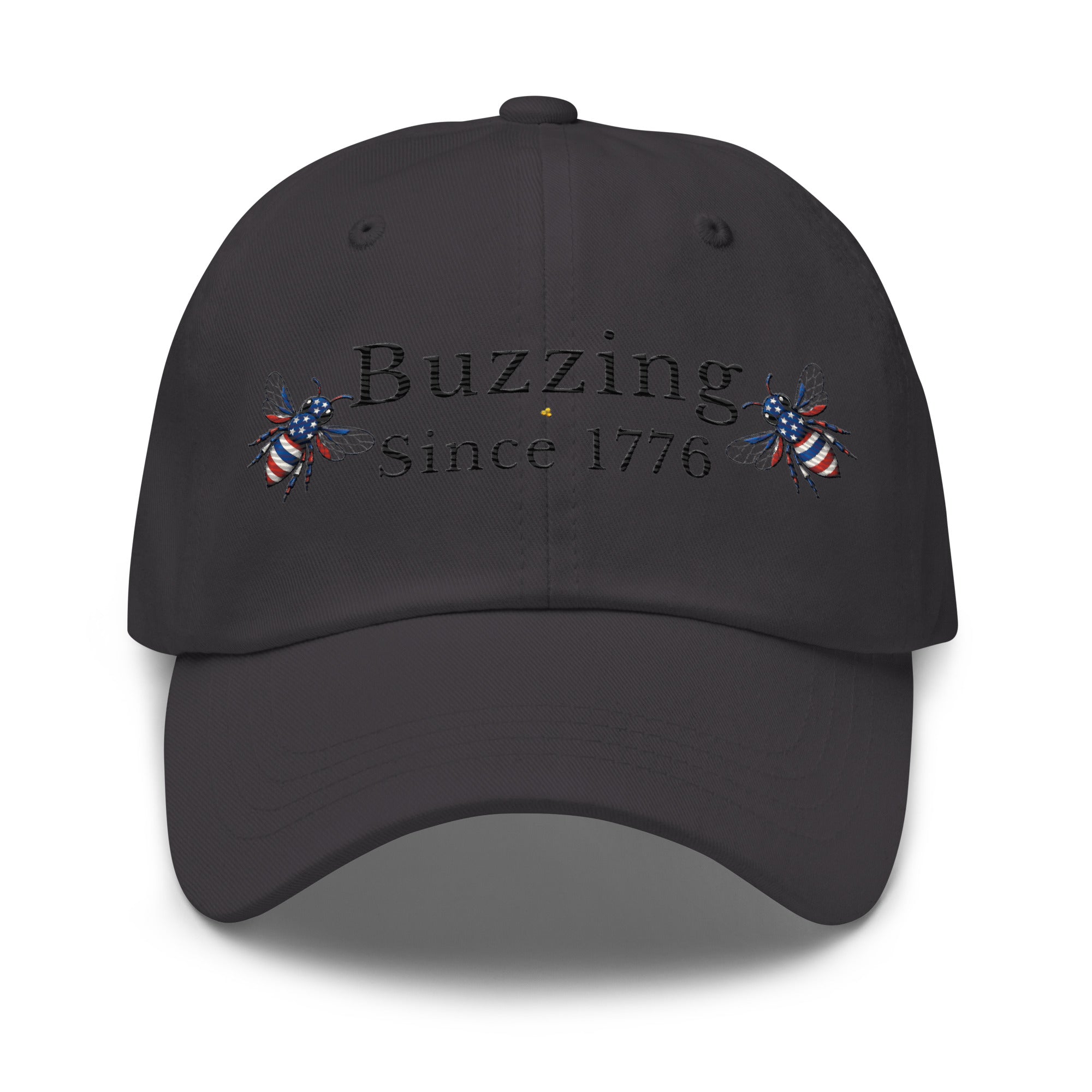 Dark gray dad hat with 'Buzzing Since 1776' lettering and bee graphic