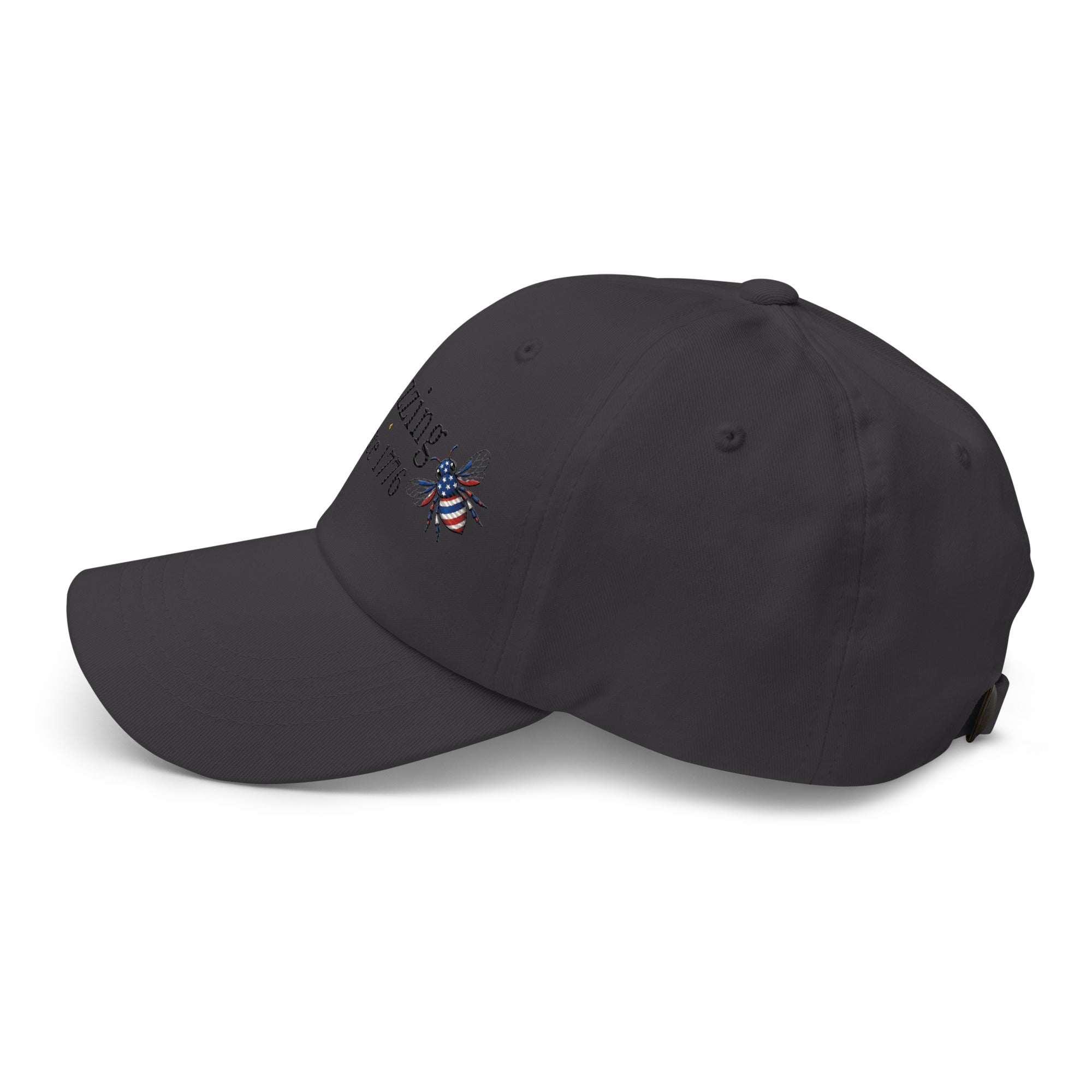 Dark grey dad hat with curved brim and embroidered bee graphic on side