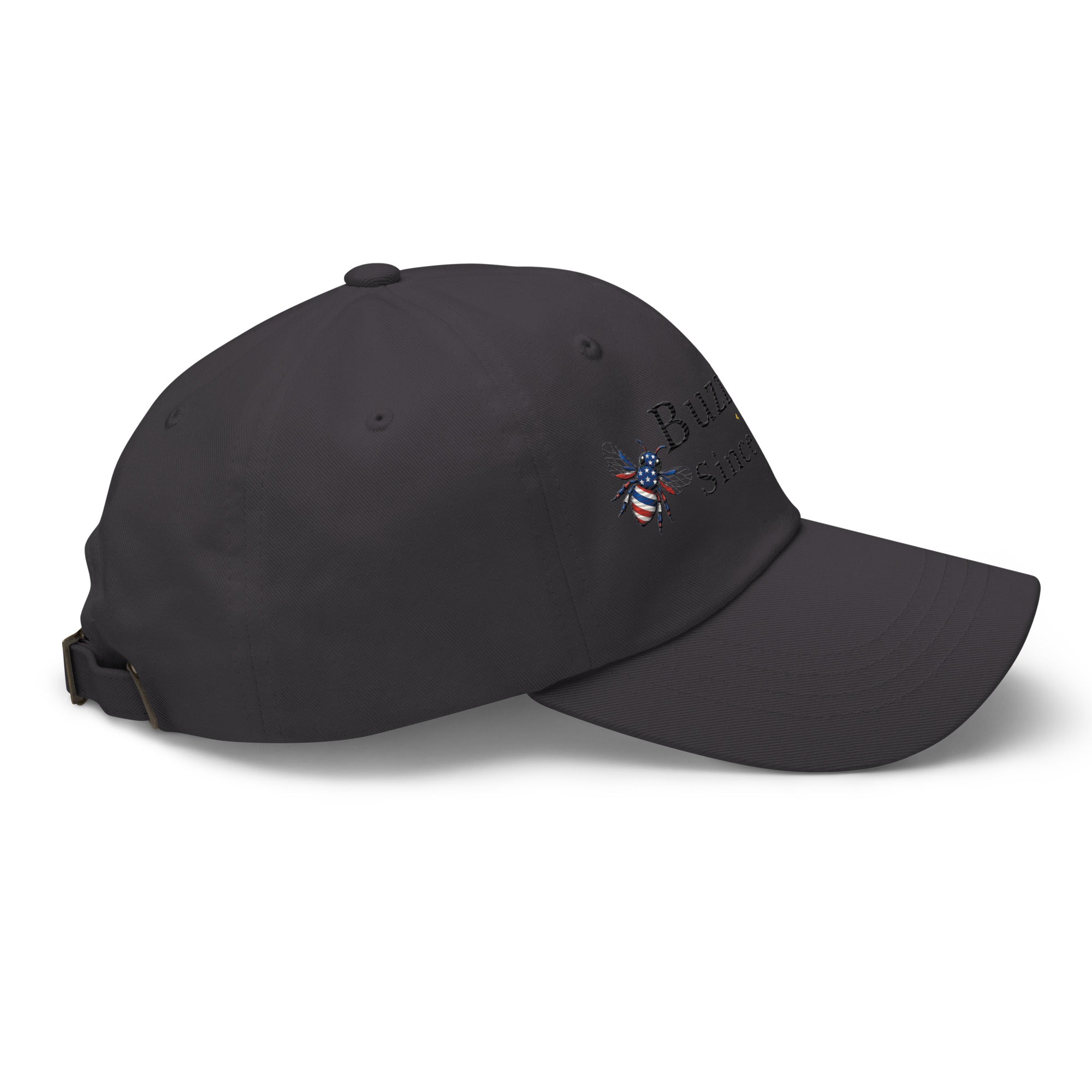 Dark gray dad hat with curved brim and bee graphic on side