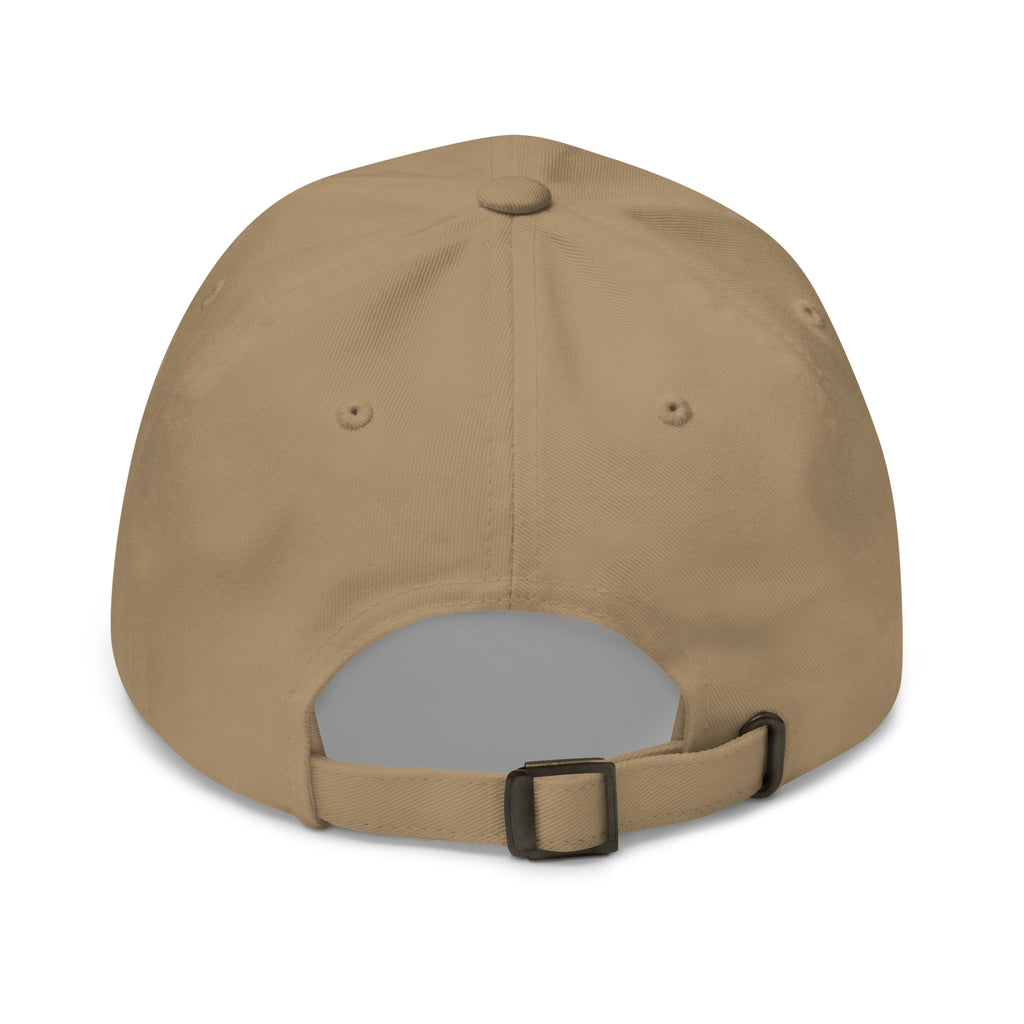 Khaki dad hat with curved brim and adjustable back strap