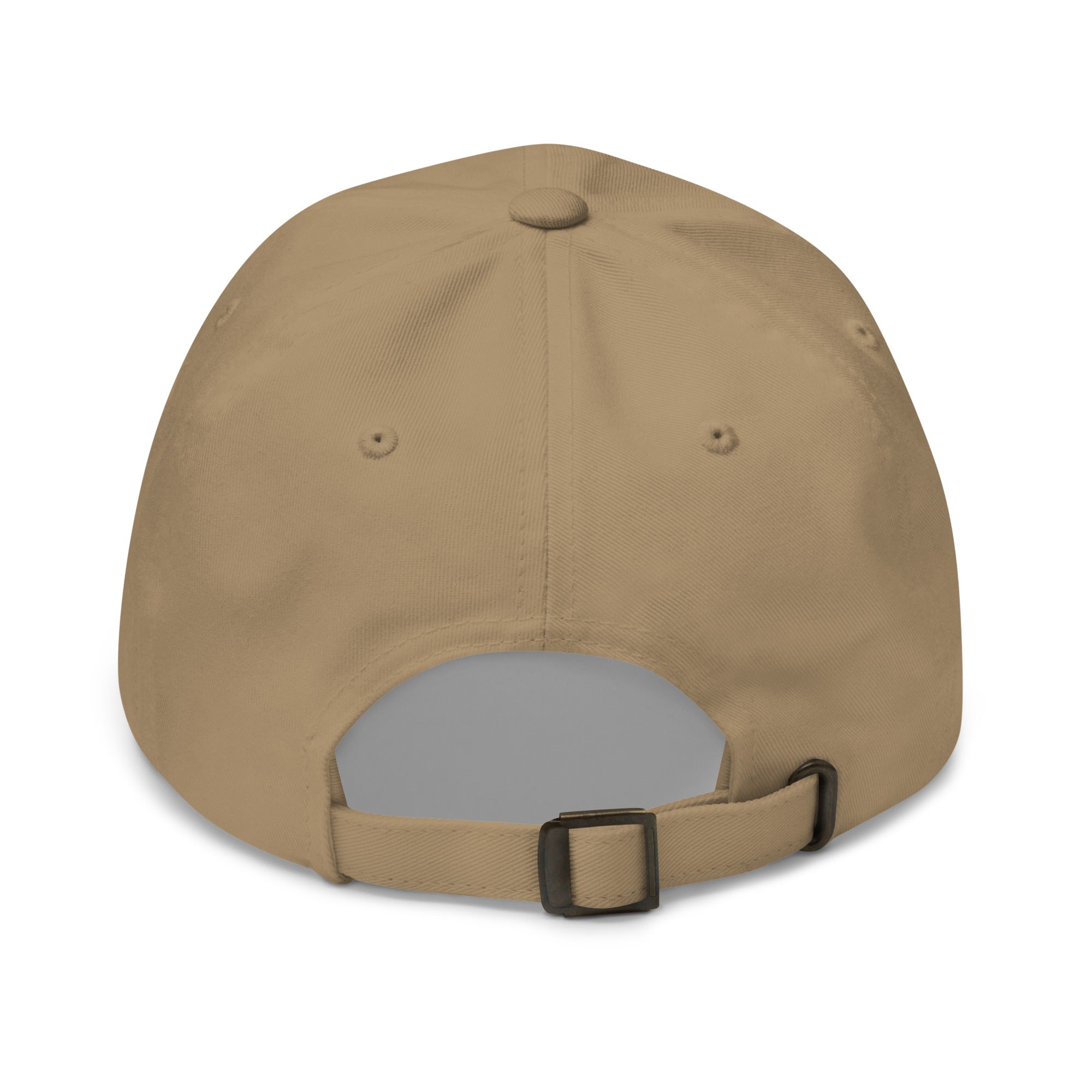 Khaki dad hat with curved brim and adjustable back strap