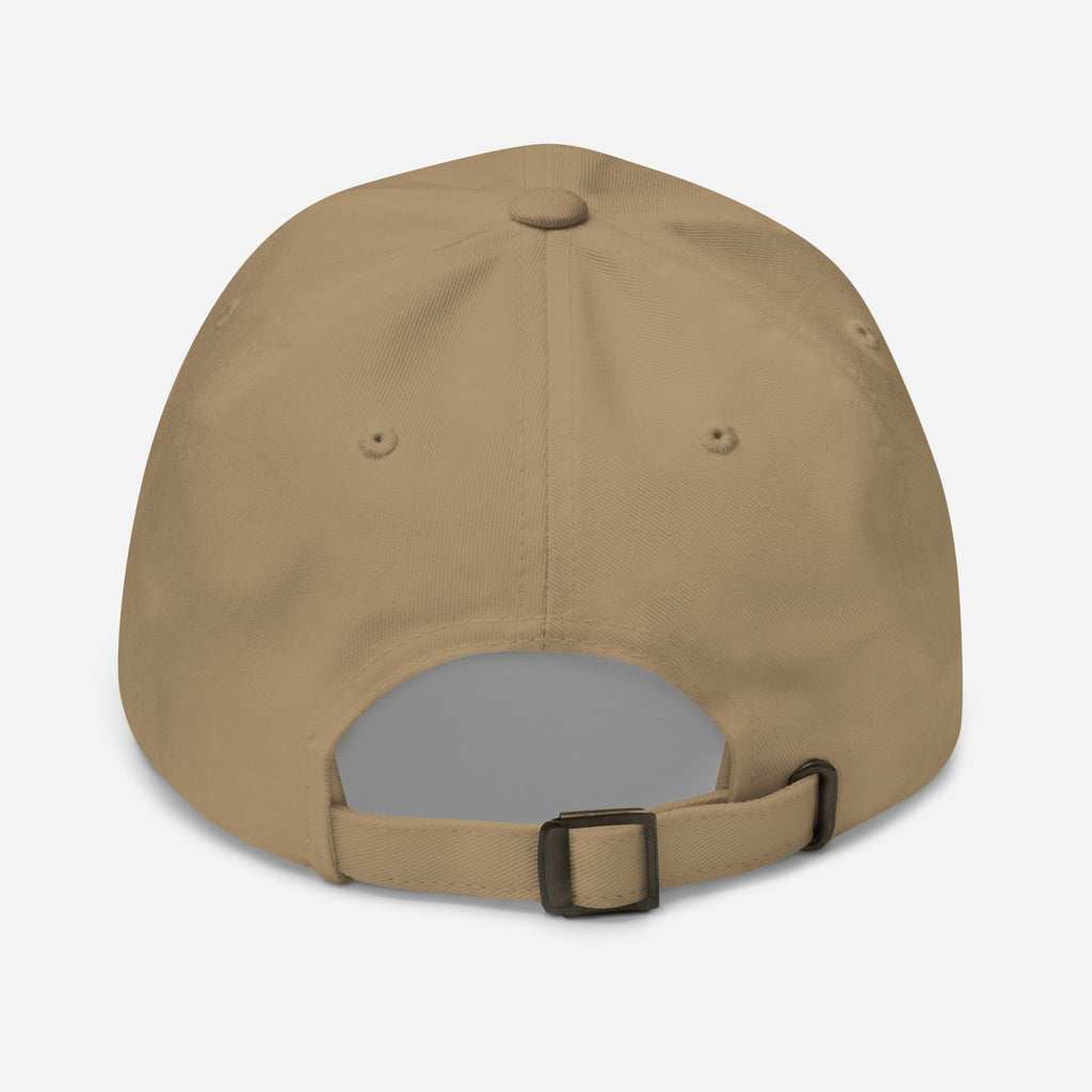 Khaki dad hat with adjustable strap and curved brim