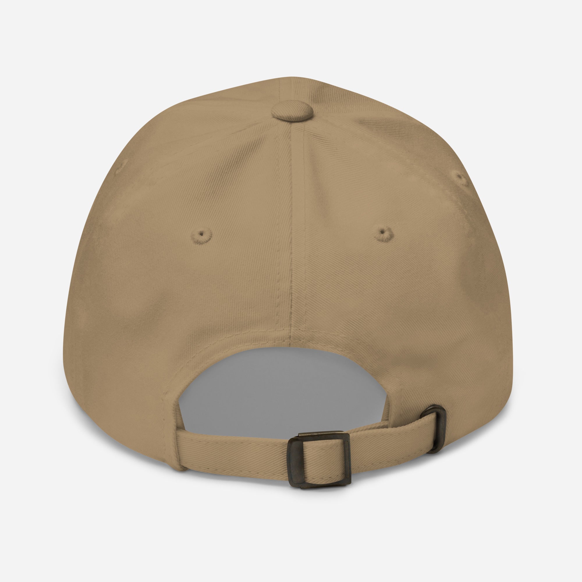 Khaki dad hat with adjustable strap and curved brim