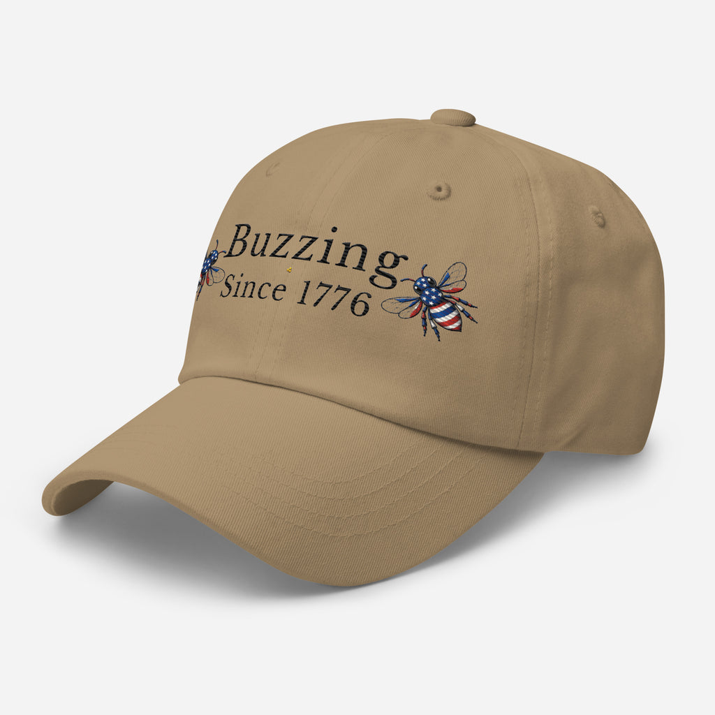 Khaki dad hat with embroidered bee and Buzzing Since 1776 text