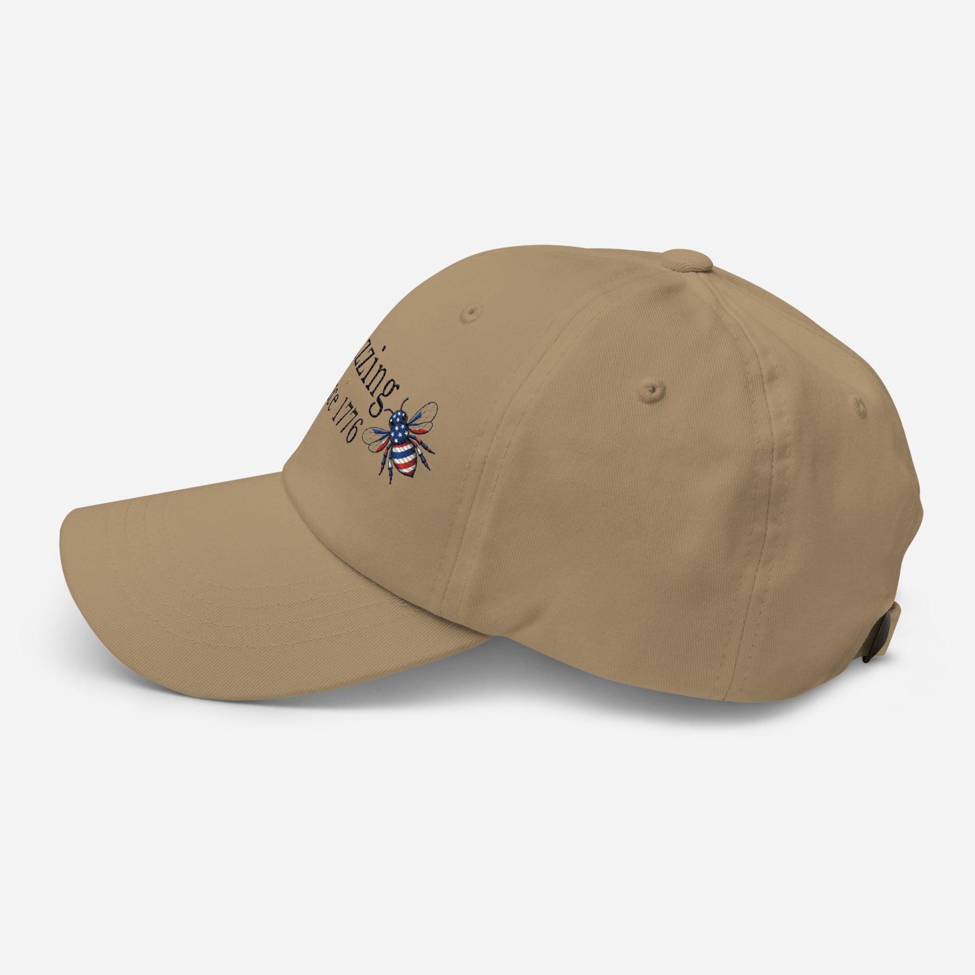 Khaki dad hat with embroidered bee logo on side, curved brim