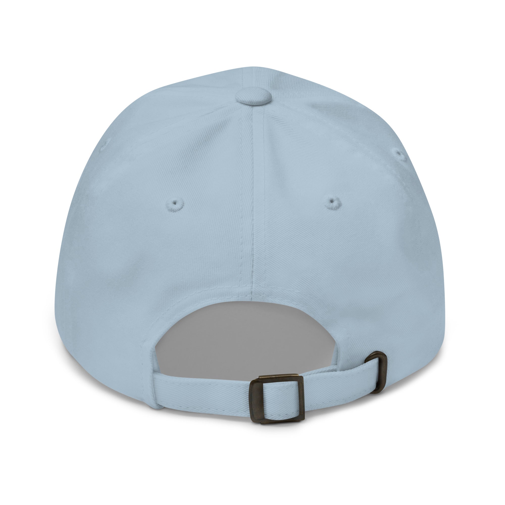 Light blue dad hat with curved brim and adjustable back strap