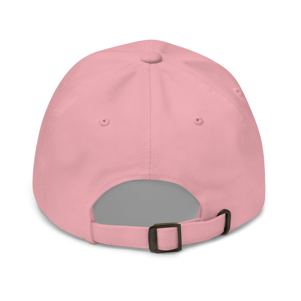 Pink dad hat with curved brim and adjustable back strap