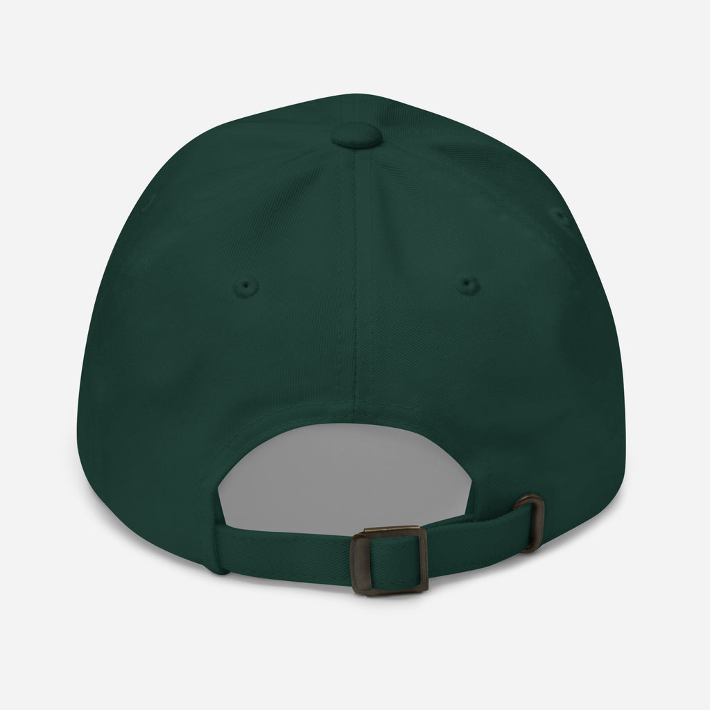 Dark green dad hat back view with curved brim and adjustable fabric strap