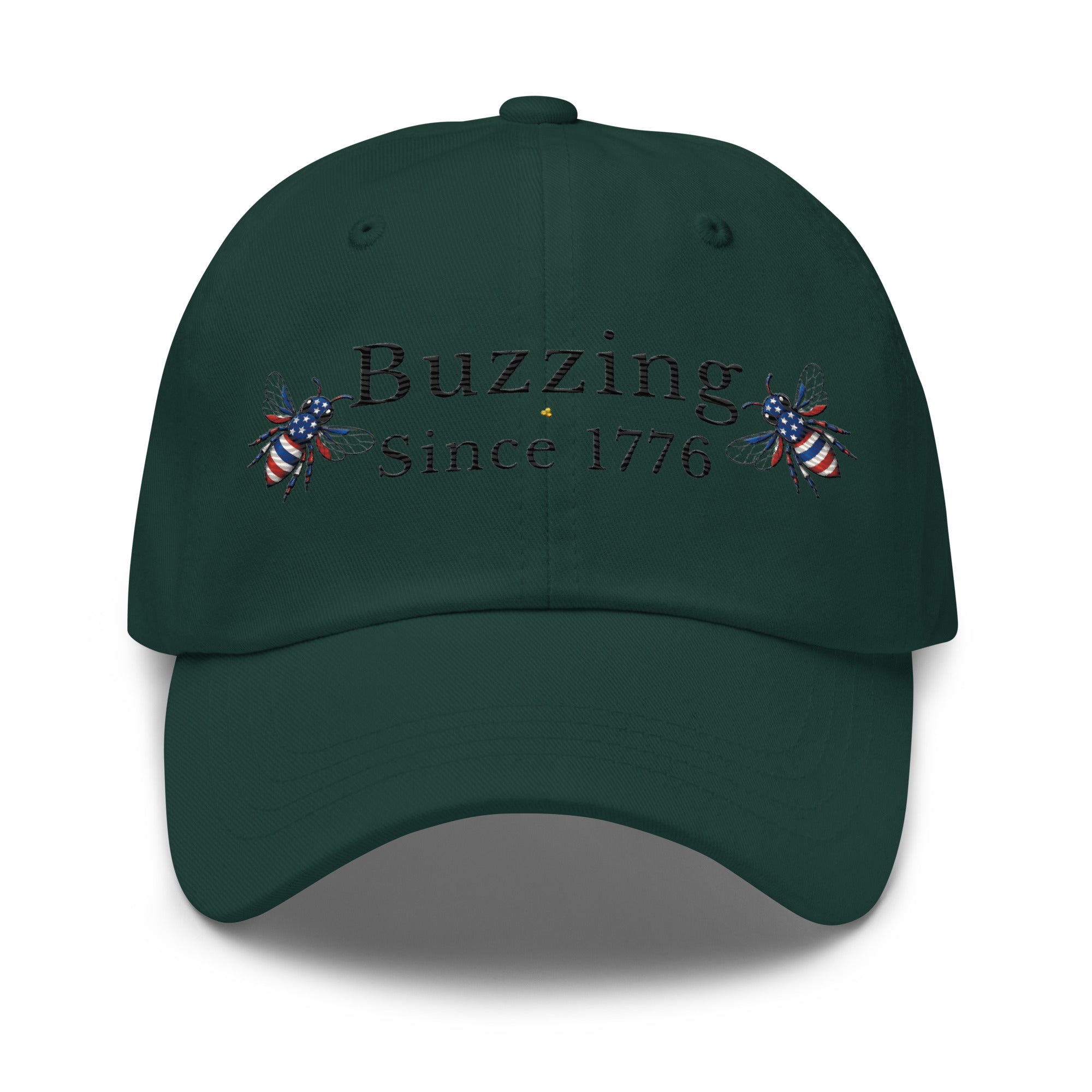 Spruce green dad hat with 'Buzzing Since 1776' lettering and bee graphic