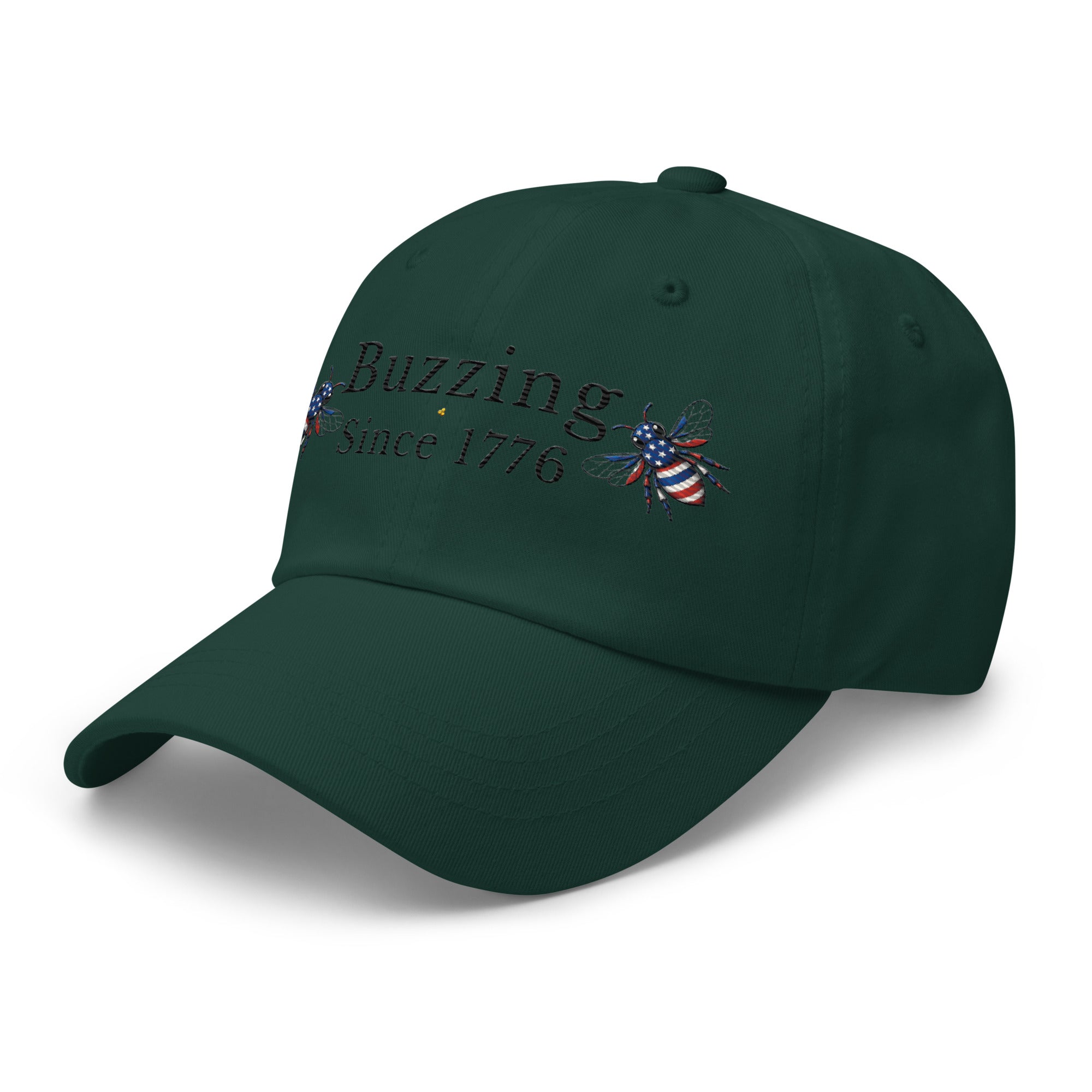 Spruce green dad hat with “Buzzing Since 1776” and bee graphic