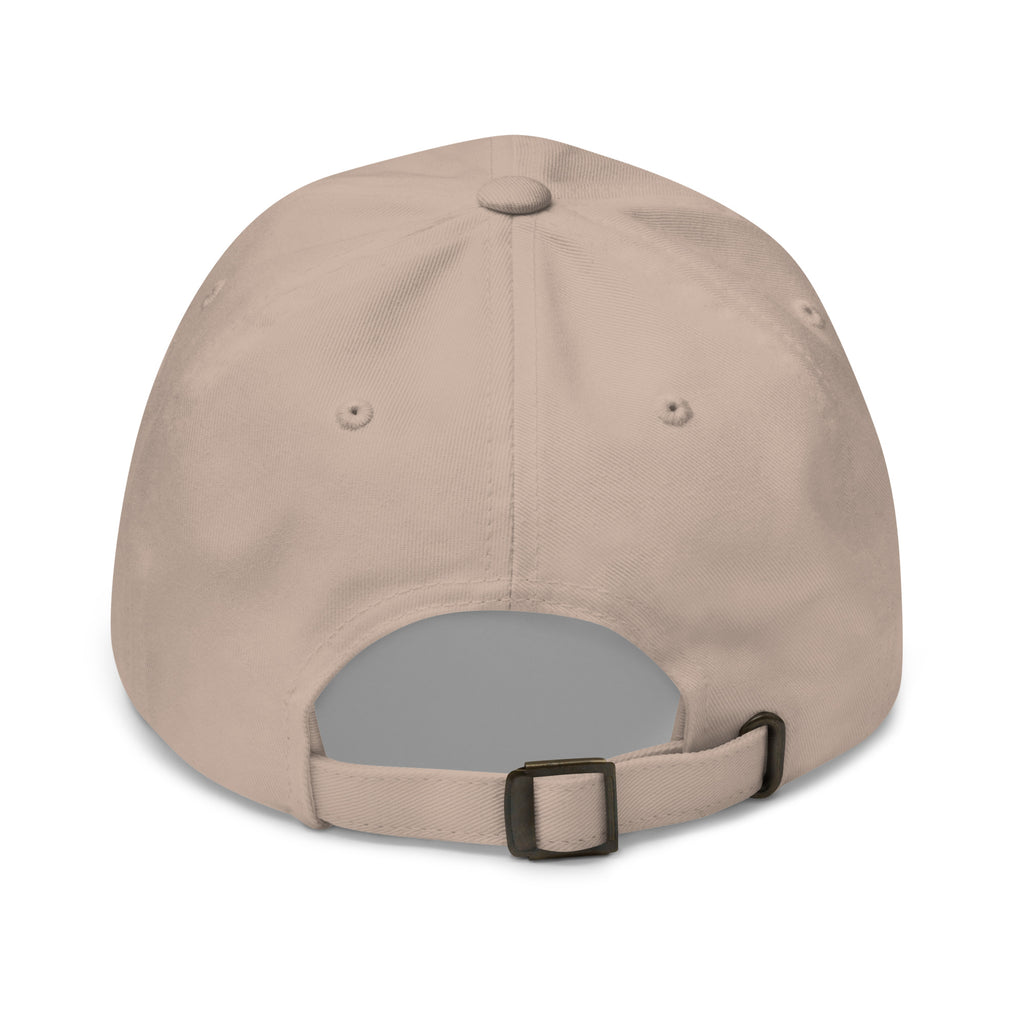 Light beige dad hat with curved brim and adjustable back strap