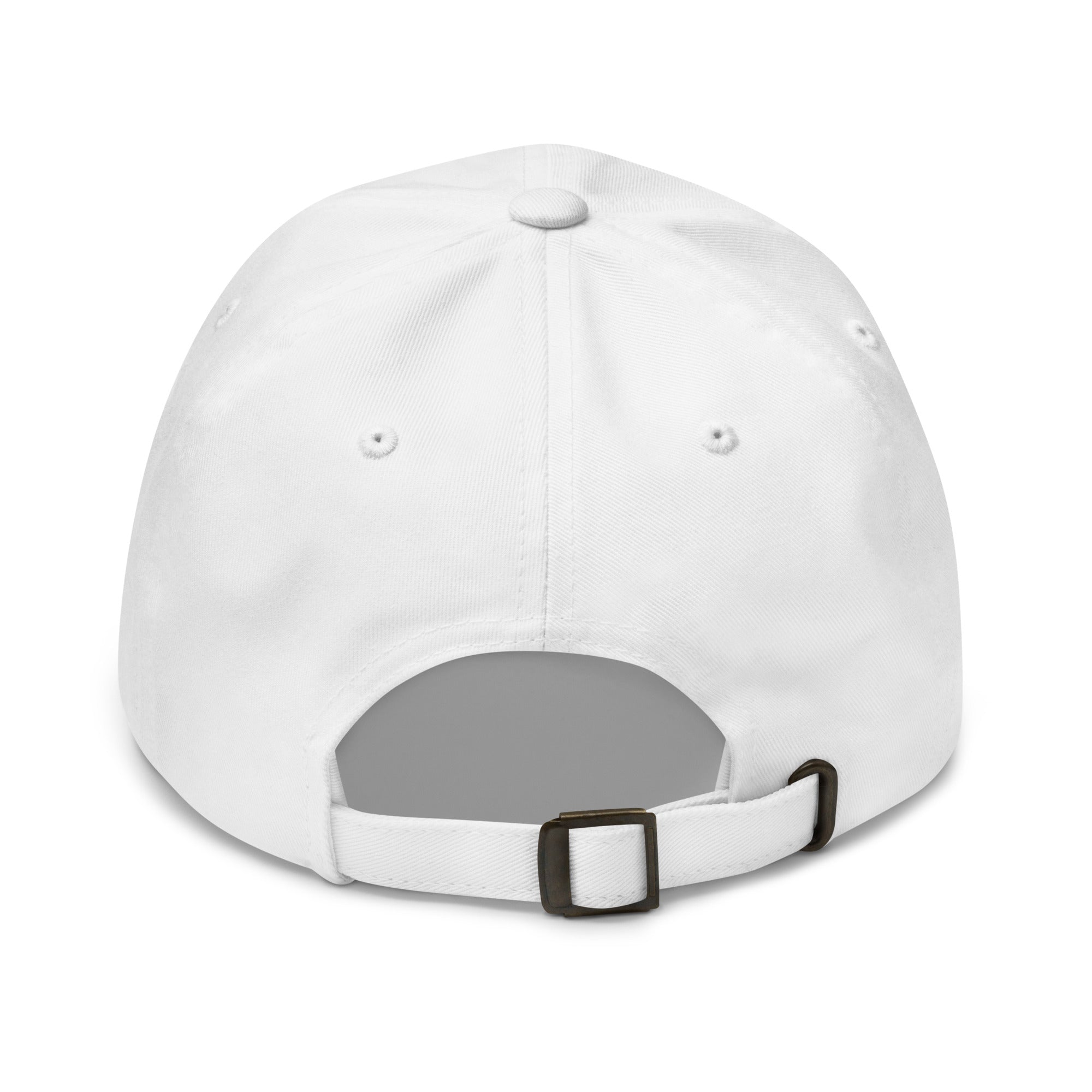 White dad hat with curved brim and adjustable back strap