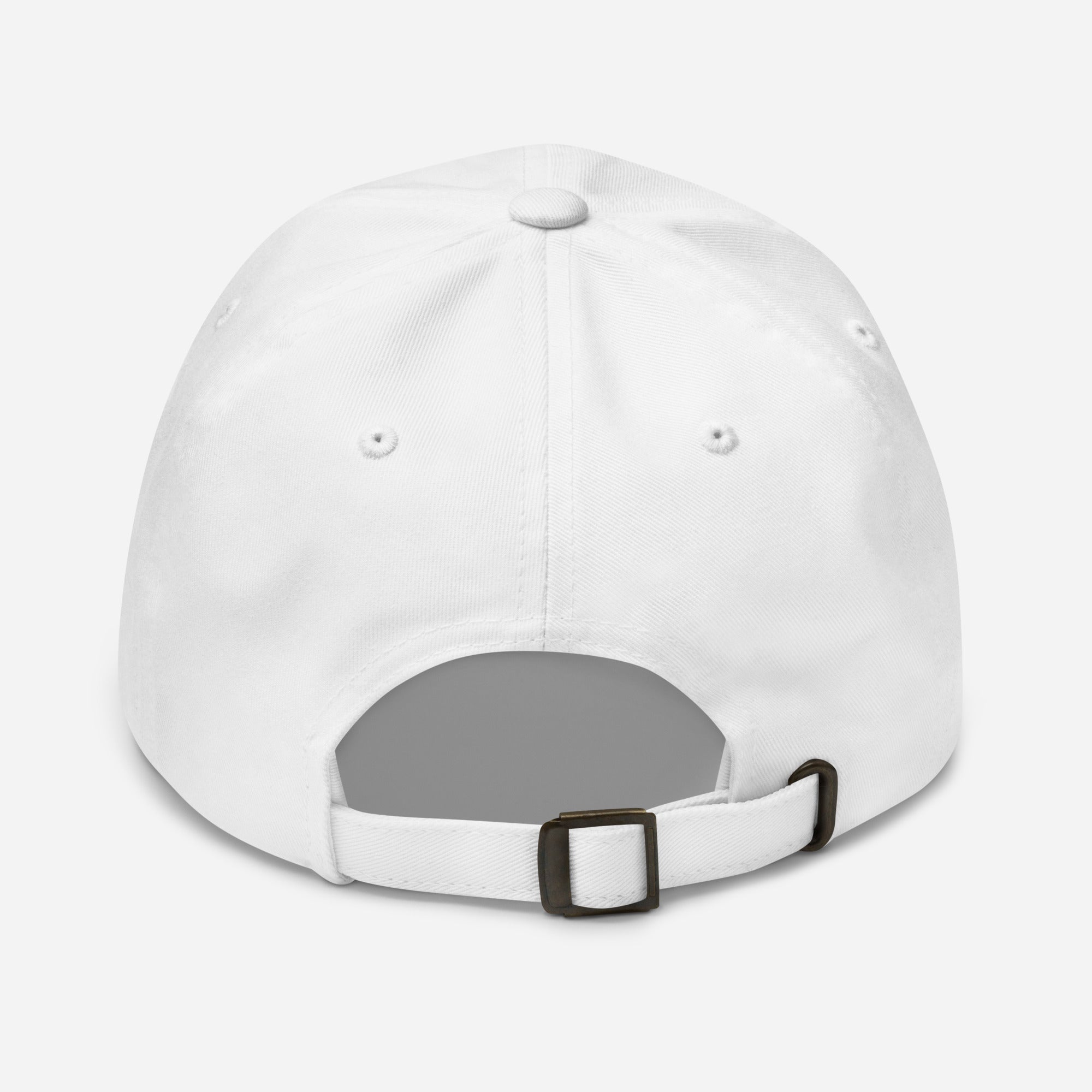 White dad hat with adjustable strap and curved brim
