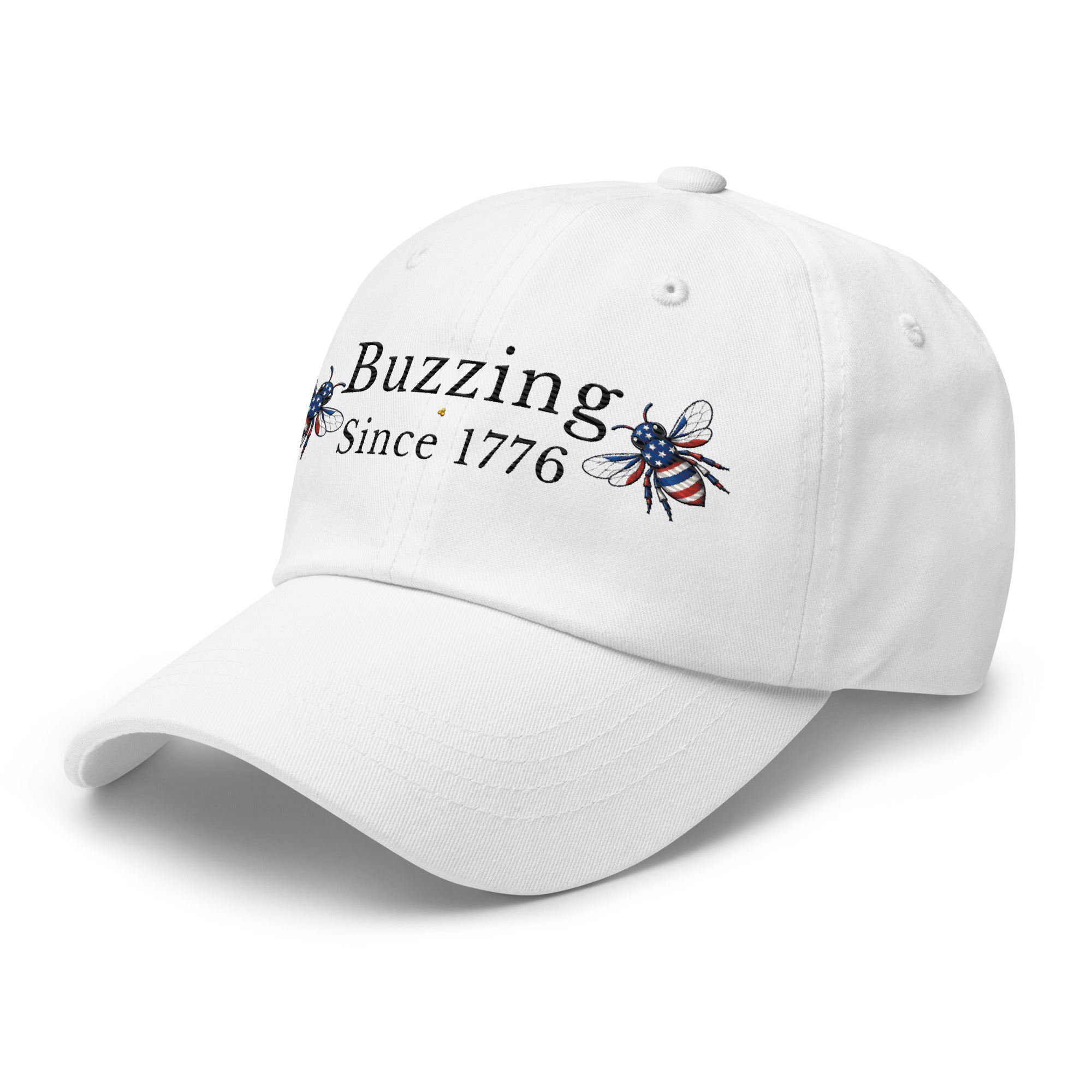 White dad hat with “Buzzing Since 1776” and bee graphic