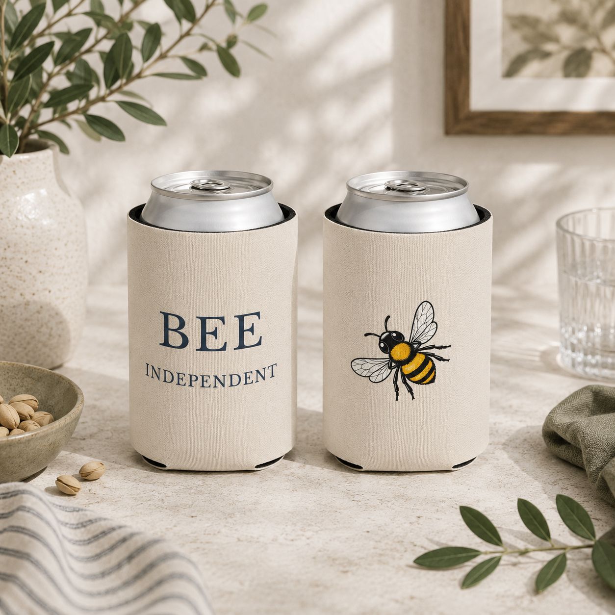 Two cream can coolers with “BEE INDEPENDENT” text and bee print