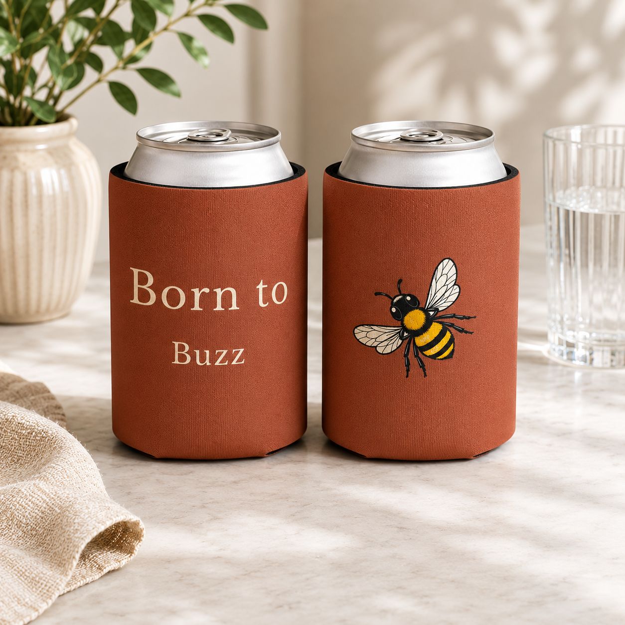 Rust can cooler sleeve with 'Born to Buzz' text and bee illustration