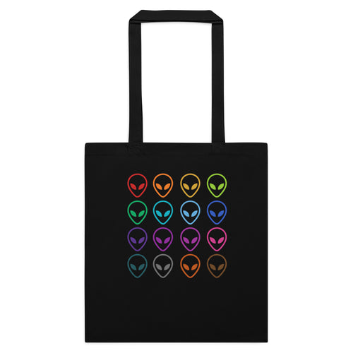 Black cotton tote bag with multi-color alien face logo on front.