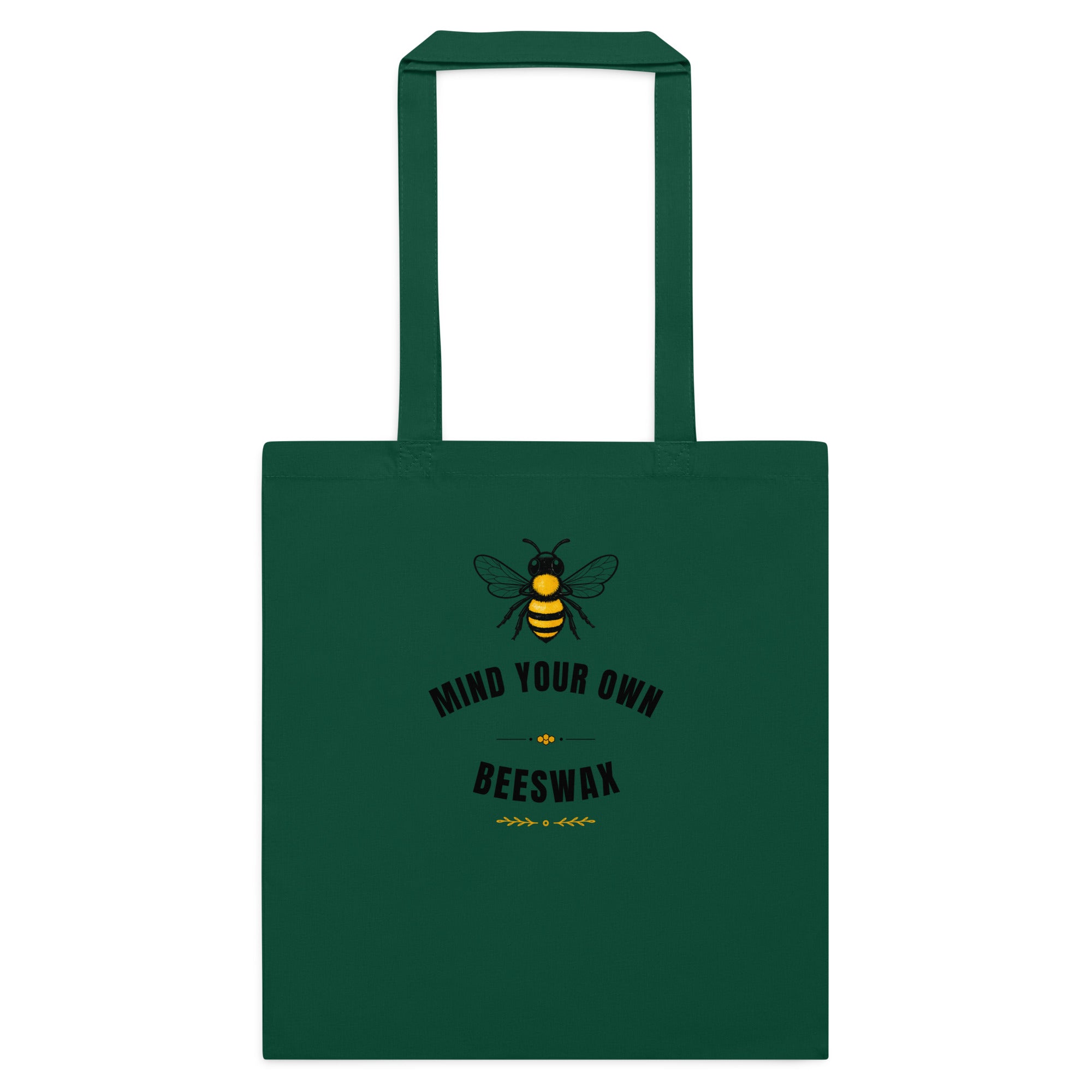 Green cotton tote bag with bee graphic and “MID YOUR OWN BEESWAX” print