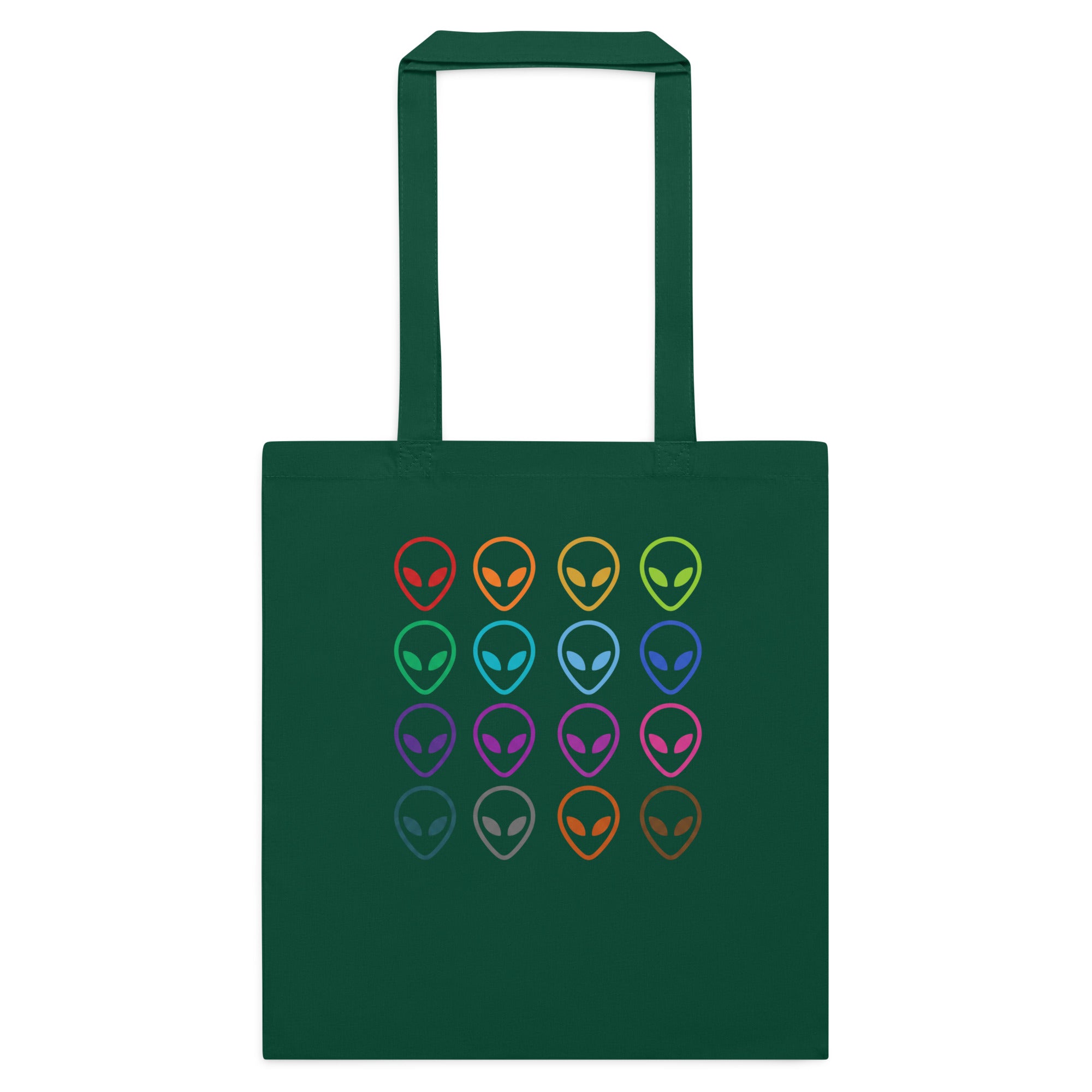 Bottle green cotton tote bag with multi-color alien face logo on front.