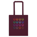 Burgundy cotton tote bag with multi-color alien face logo on front.