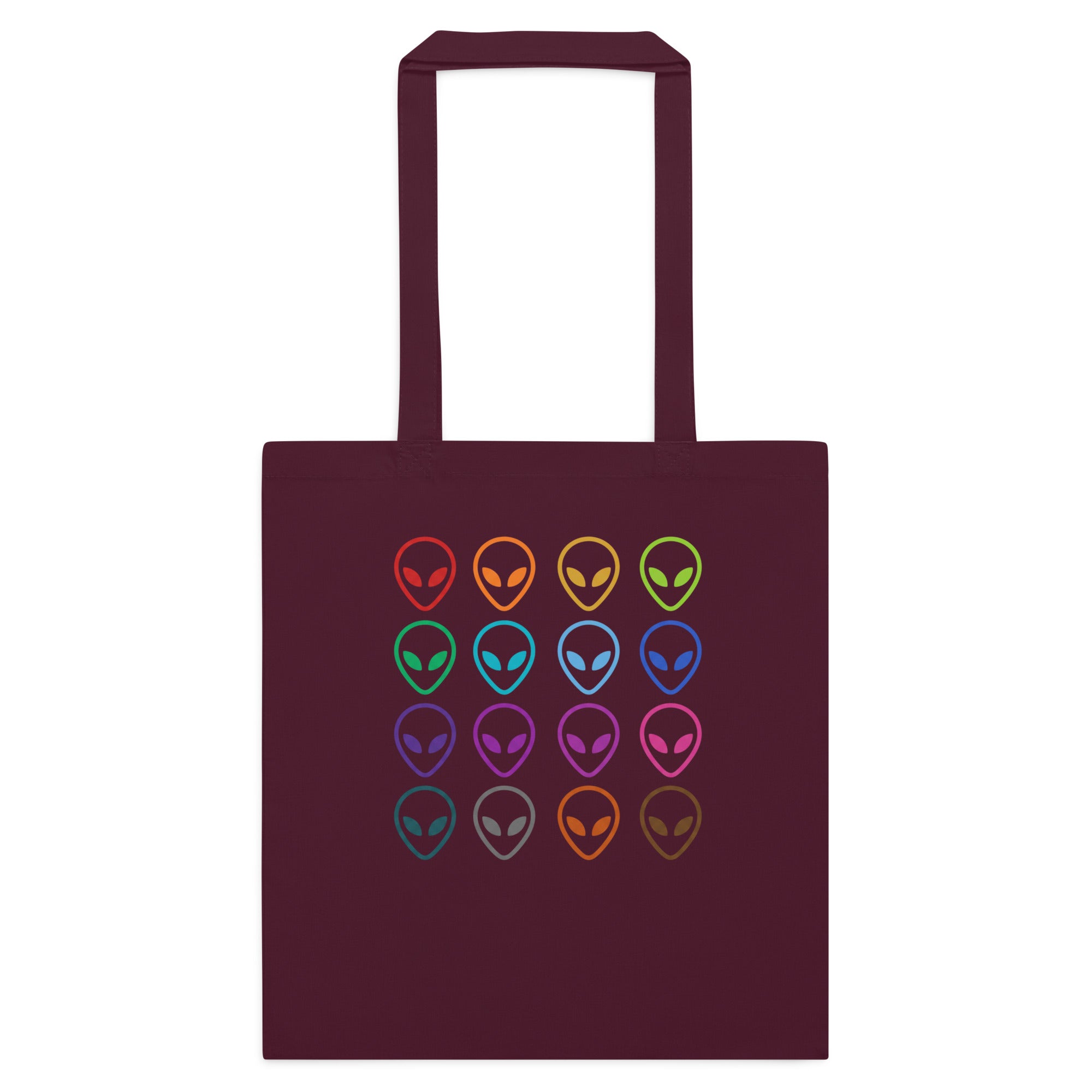 Burgundy cotton tote bag with multi-color alien face logo on front.