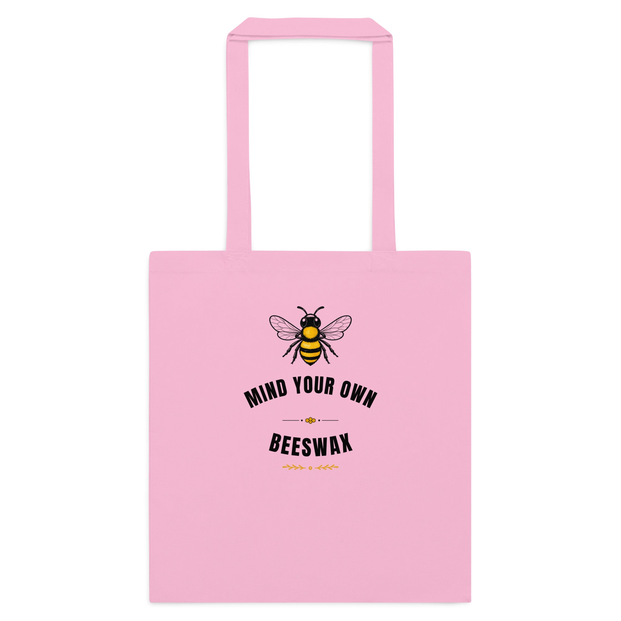 Pink cotton tote bag with bee graphic and “MID YOUR OWN BEESWAX” print