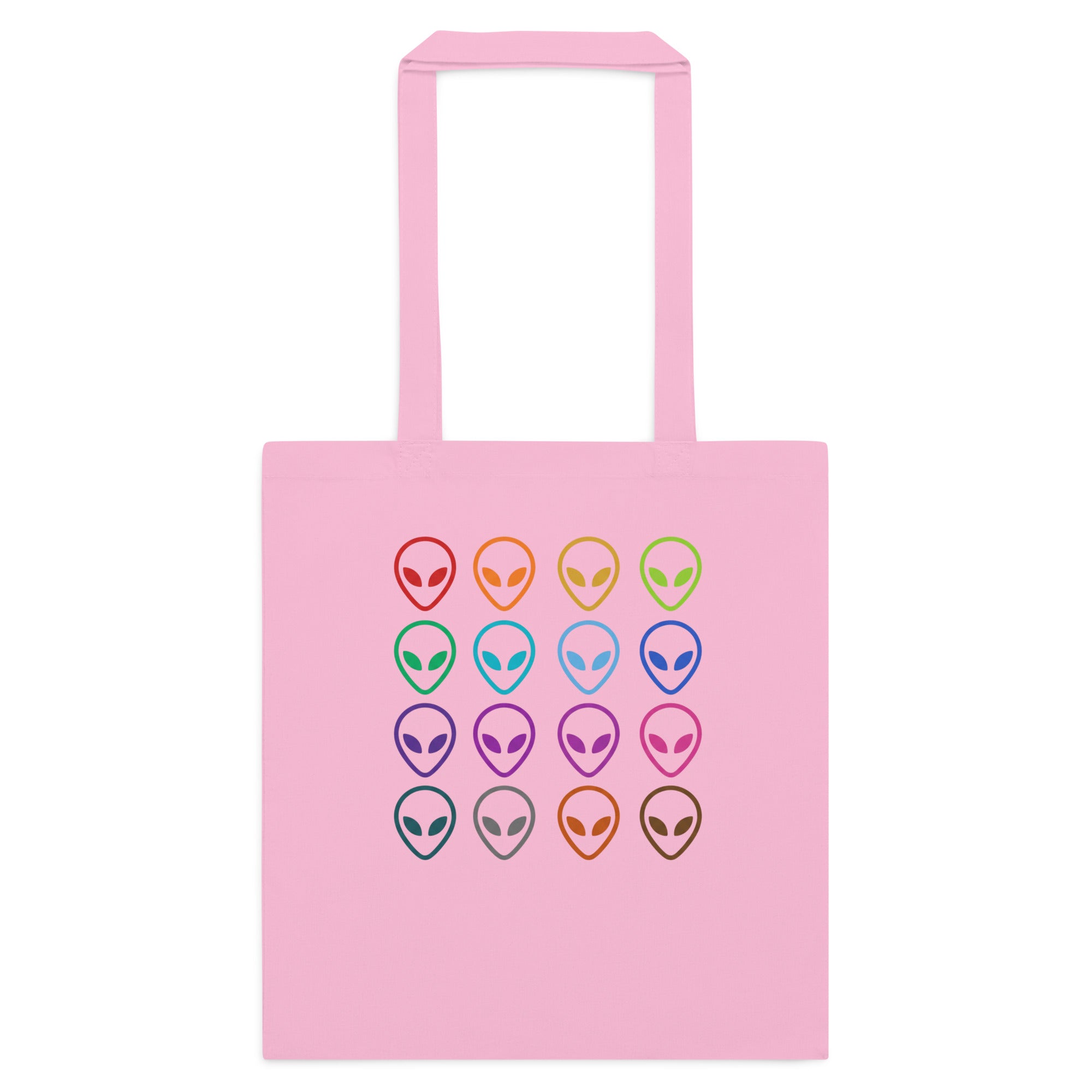 Classic pink cotton tote bag with multi-color alien face logo on front.