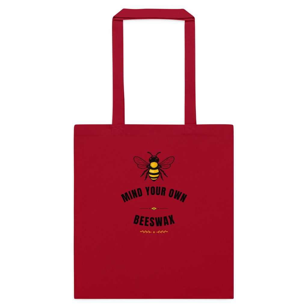 Red cotton tote bag with bee graphic and “MID YOUR OWN BEESWAX” print