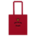 Red cotton tote bag with bee graphic and “MID YOUR OWN BEESWAX” print