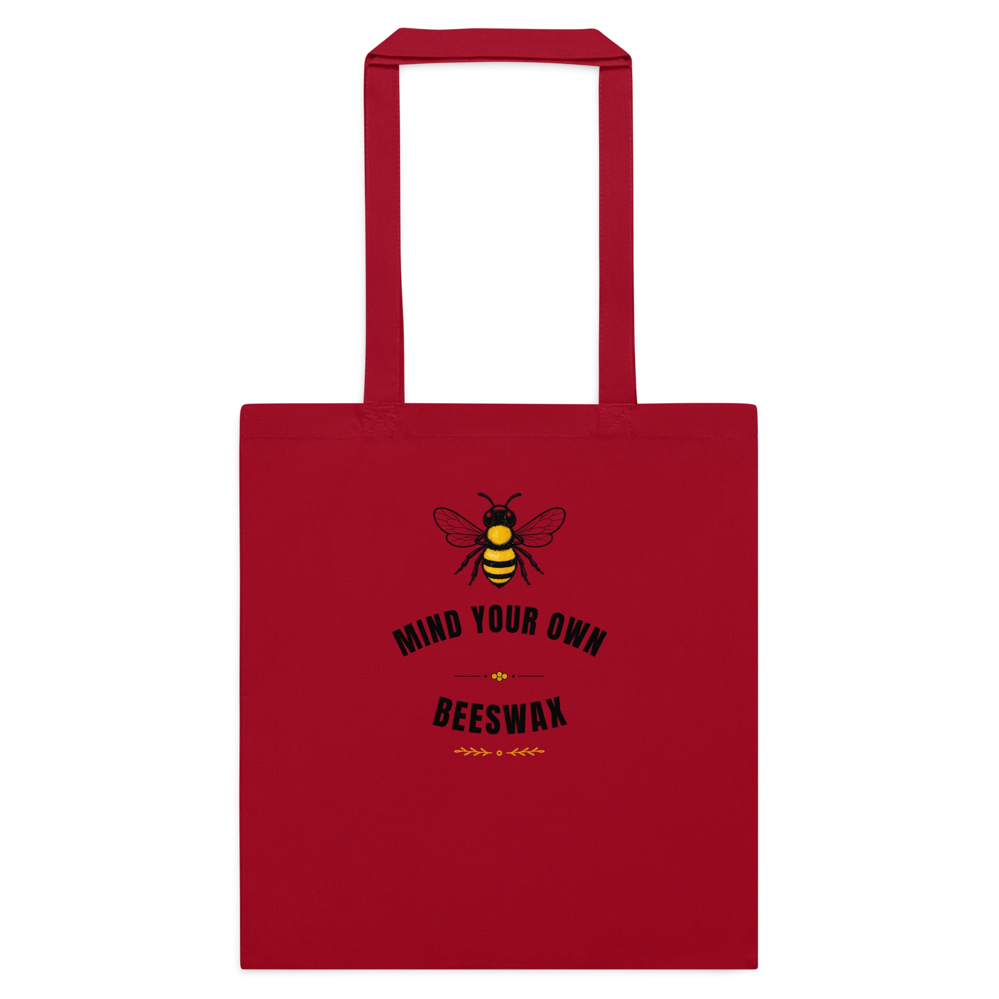 Red cotton tote bag with bee graphic and “MID YOUR OWN BEESWAX” print