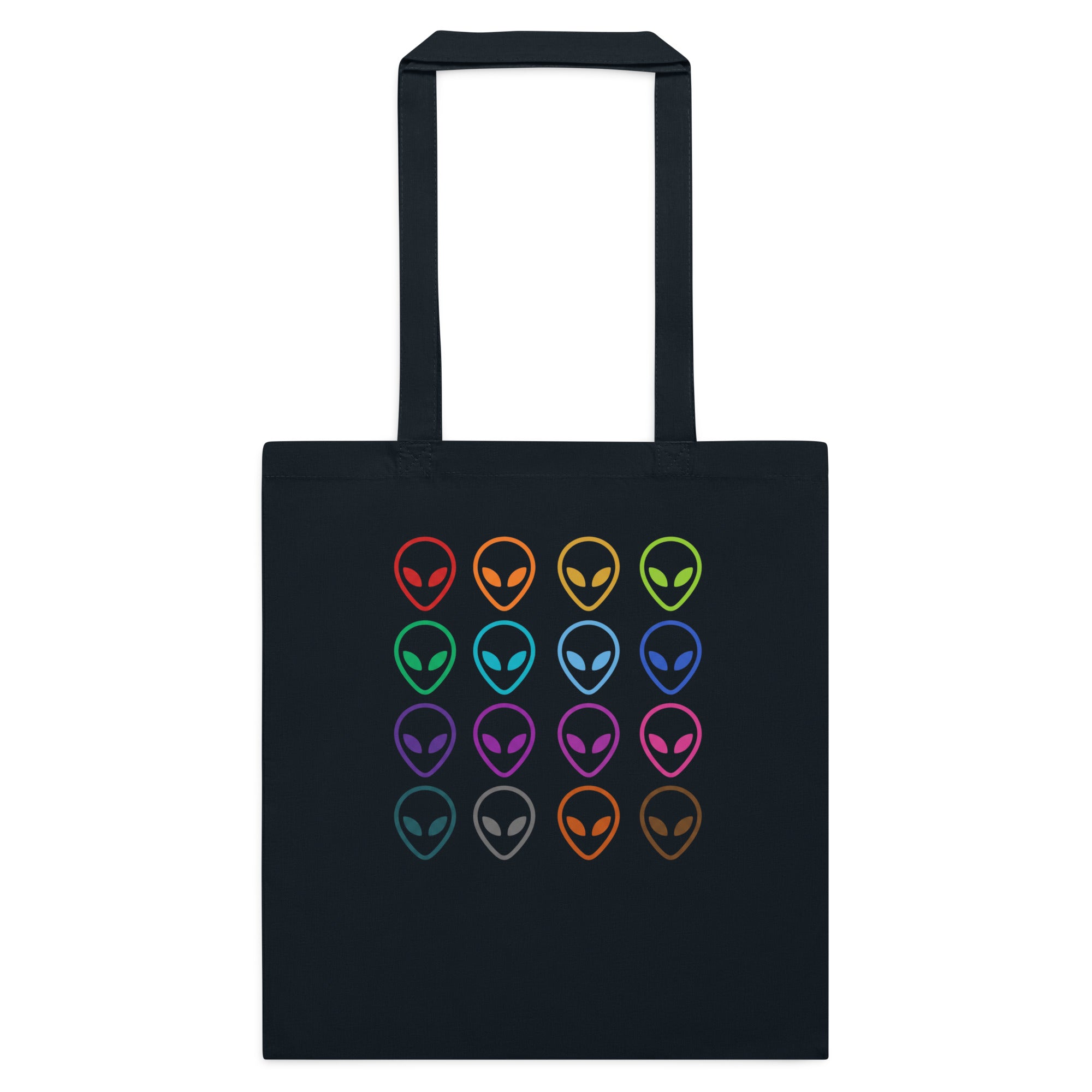 French navy cotton tote bag with multi-color alien face logo on front.