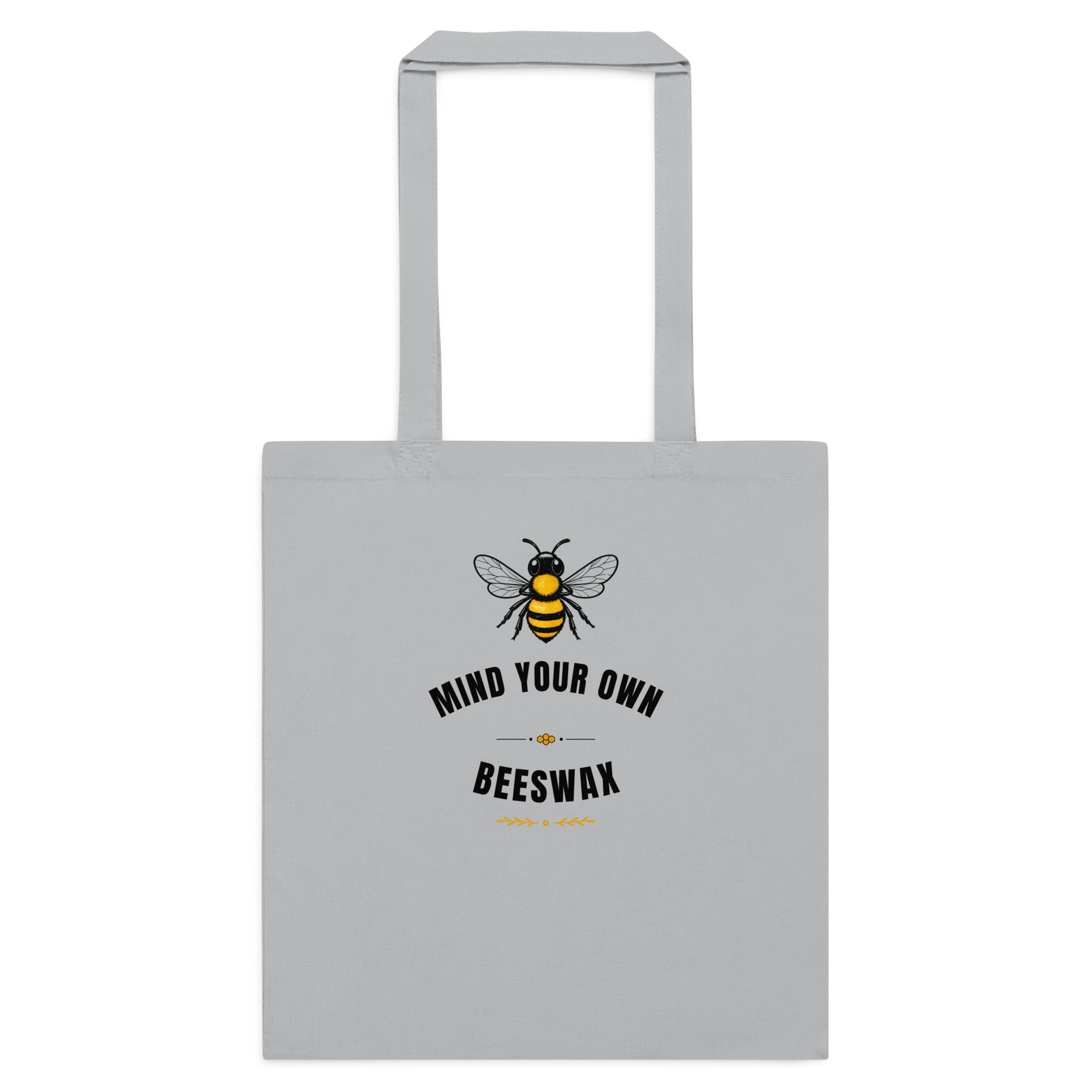 Light grey cotton tote bag with bee graphic and “MID YOUR OWN BEESWAX” print