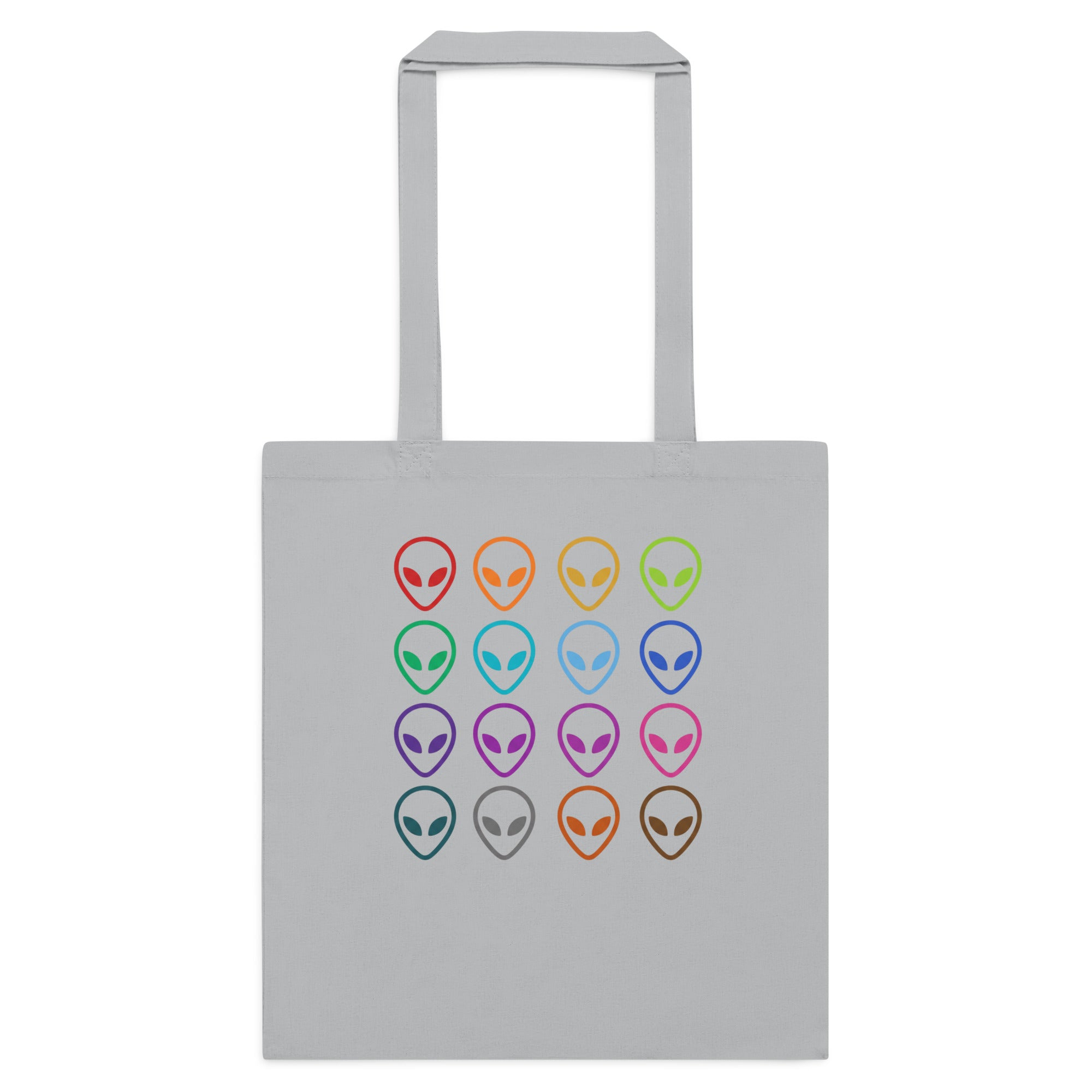 Light grey cotton tote bag with multi-color alien face logo on front.