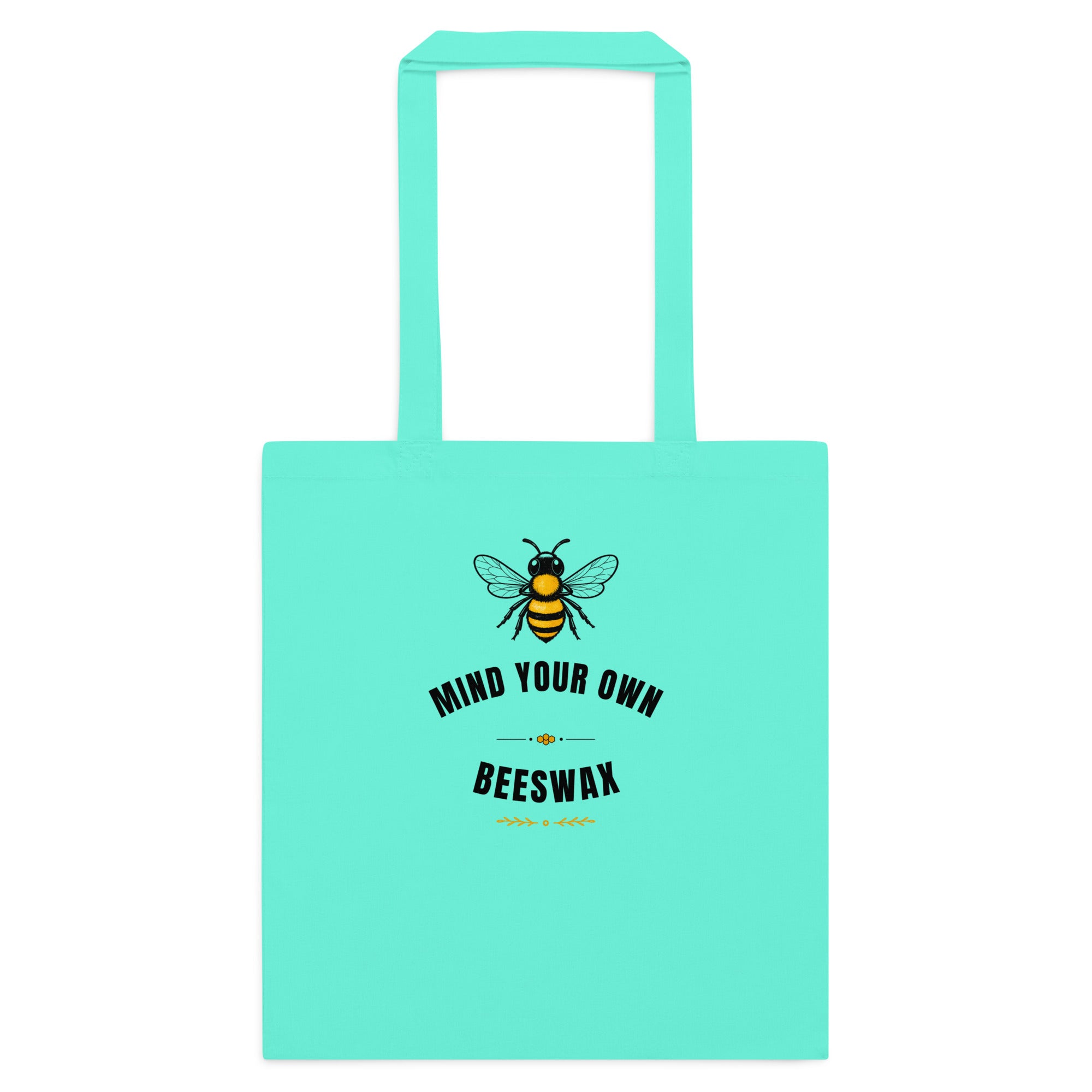 Mint cotton tote bag with bee graphic and “MID YOUR OWN BEESWAX” print